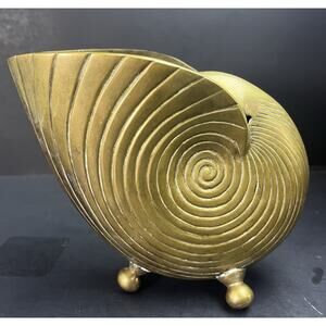 Vintage Solid Brass Nautilus Seashell Planter ~ Cache Pot with Feet